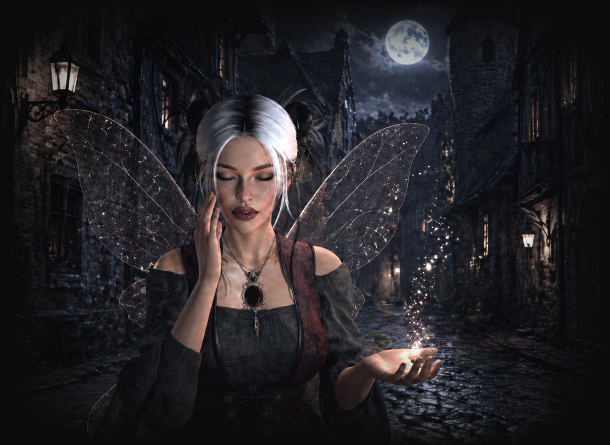 On dit qu’au plus noir de la nuit, une fée  parlait aux ténèbres comme à de vieilles sœurs. Elles lui confiaient les noms de ceux que la lune avait oubliés. Depuis, lorsque la nuit murmure, nul ne sait si c’est le vent… ou la fée qui appelle encore.